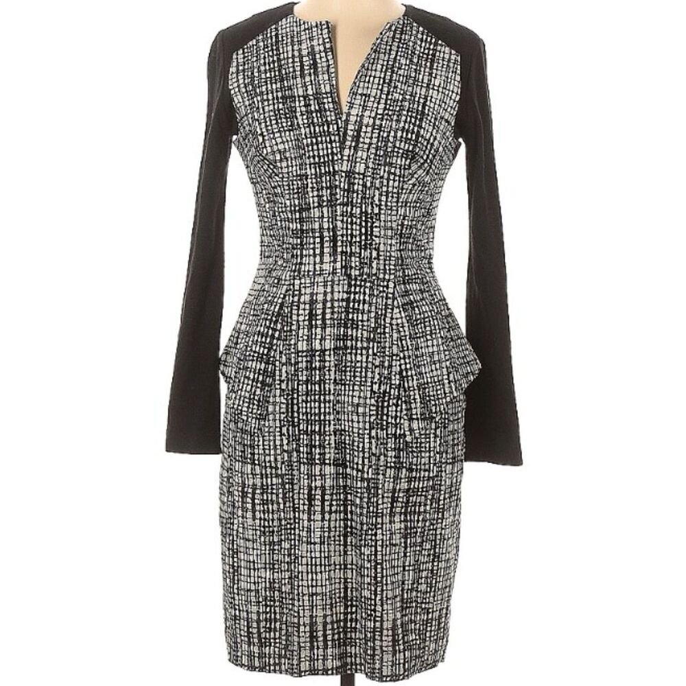 Lela Rose Black and White V Neck Long Sleeve Back Zip Pencil Silk Lined Dress 8
